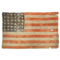 Nevada State Civil War flag w/36 stars & 13 stripes, orig worn cond w/color loss & stains, a nice ol