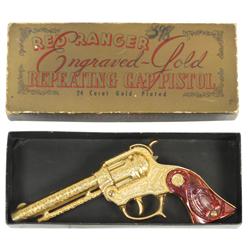 Toy cap gun, Red Ranger engraved repeating cap pistol, 24K gold-plated No. 78, mfgd by Wyandotte, 8.