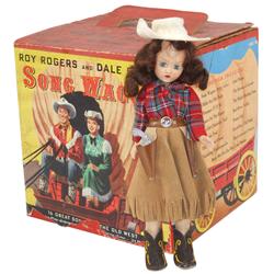 Dale Evans Nancy Ann doll, 7.5"H & Roy Rogers & Dale Evans Song Wagon w/8 records in box, by Golden 