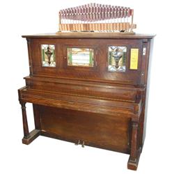 Western Electric Piano Co-Chicago, piano & xylophone, stained glass panels, quartersawn oak, VG work