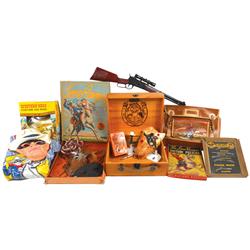 Lone Ranger items, includes costume, book bag, official outfit, plastic rifle, ceramic gun in holste
