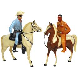 Heartland Plastics Lone Rangers (2), Tonto, Sheriff & (2) horses, c.1960's, Good to VG cond.