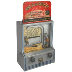 Coin-operated skill game, Rare Baker Novelty Kicker Catcher, orig paint & marquee, 5 Cent, VG orig c