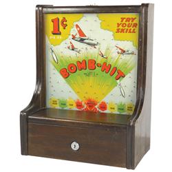 Coin-operated coin drop, Bomb-Hit Anti-Axis, 1 Cent, nice graphics, VG orig cond, 15"H x 7"W x 12"D.