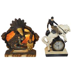 Chalkware TV lamps (2), Rare Indian maiden beating drum w/cowhide background & bucking bronc & rider