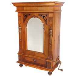 Coin-operated Polyphon disc player, rosewood case w/arched beveled mirror, 15.5" discs included, Exc