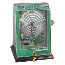 Coin-operated skill game, Rare PEO Baseball Roll-et, 1 Cent, VG working cond, 13.5"H x 9"W x 9"D.