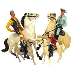Heartland Plastics Lone Ranger on Silver, Sheriff cowboy on horse & 2 small cowboys on horses, c.196
