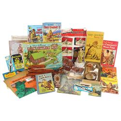 Davy Crockett items, 6 children's wallets on store display card by Elegant Novelties, Ideal gun, cer