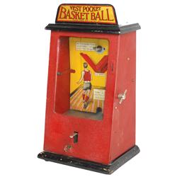 Coin-operated basketball skill game, Vest Pocket, 1 Cent, cast iron, VG working cond w/key, 17"H x 8