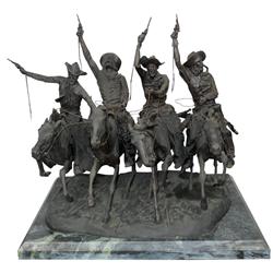 Frederick Remington bronze statue on marble base, titled "Coming Through The Rye", c.1950's-1960's, 
