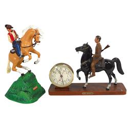 Davy Crockett figural metal clock, VG working cond, 10"H x 13.5"L & Roy Rogers on Trigger nodder, mo