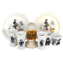 Hopalong Cassidy ceramic dinner plates (2), milk glass cups & tumblers (5) & milk glass electric lam