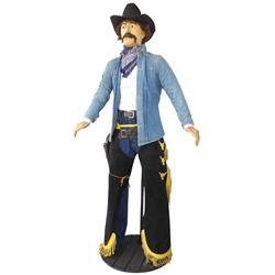 Western cowboy mannequin, contemporary, fully outfited in Western chaps & guns, Exc cond, 75"H.