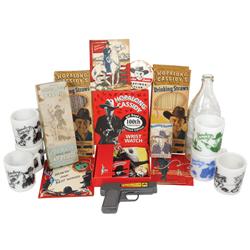 Hopalong Cassidy items (15), includes 6 milk glass cups, soap bar, single shot cap gun box, glass bo