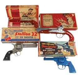 Toy cap guns in orig boxes w/1 empty box, Hubley Flintlock cap pistol, Model 222-59, Stallion 32 Six