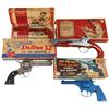 Image 1 : Toy cap guns in orig boxes w/1 empty box, Hubley Flintlock cap pistol, Model 222-59, Stallion 32 Six