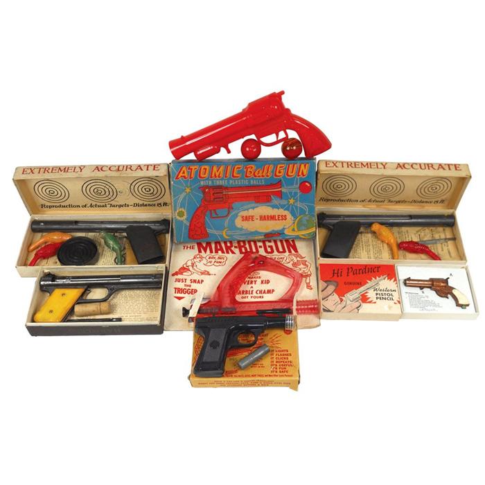 Vintage toy guns w/boxes, 2 Bullseye pistols in boxes, mfgd by Bullseye