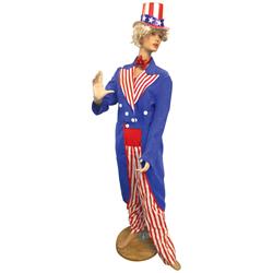 Lady Liberty mannequin, composition in patriotic clothes, VG cond, 72"H on stand.