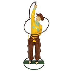 Cowboy lawn sprinkler, lasso rotates to release water, re-painted cast metal, very unusual, VG cond,