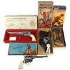 Image 1 : Toy cap guns in boxes (4), Real Texan holsters w/Hubley cap guns, Cowboy repeating cap pistol by Hub