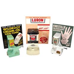 Coin-operated lotion & soap dispensers (3), Frostilla, Luron Soap & Wildroot Hair Cream, all in Exc 