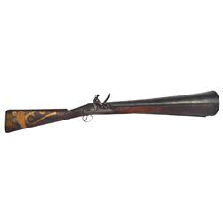 Blunderbuss, Flintlock, 4 1/2" Dia. muzzle, oak stock w/various brass inlays, Tower Lock (1835).  An
