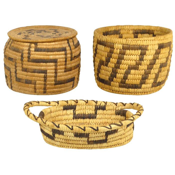 Papago & Pima, AZ Native American baskets (3), lidded basket, 5"H x 6