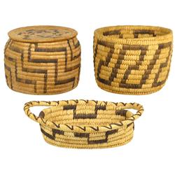 Papago & Pima, AZ Native American baskets (3), lidded basket, 5"H x 6"Dia, two-handled basket, 2"H x