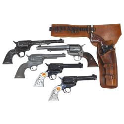 Prop guns (6), one w/nice leather holster, one working prop gun, all are metal, Good & VG cond.