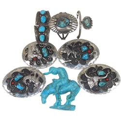Turquoise jewelry (8 pcs), includes 2 bracelets, watchband, 4 unmarked belt buckles w/Western themes