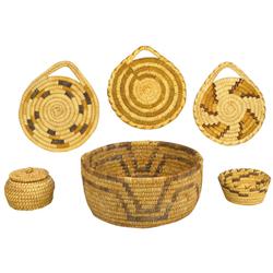 Papago & Pima, AZ Native American baskets & trays (6), round basket, 4"H x 9"W & 3 flat trays, 7"L &