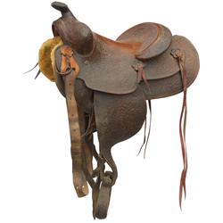 Saddle, J.E. Metherd "Garvey Saddlery" floral tooled pleasure saddle, c.1950's era, 14.5" seat, Good