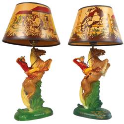 Roy Rogers table lamps (2), matching pair of painted chalkware lamps w/cowboy shades, one has old ba
