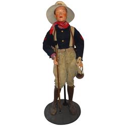 Cavalry mannequin, composition in full cavalry dress w/bugle, walking stick & U.S. Mail bag on back,