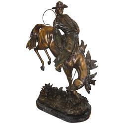 Frederick Remington 2-toned bronze statue, cowboy on horse on marble base, c.1970's, Exc cond, 43"H