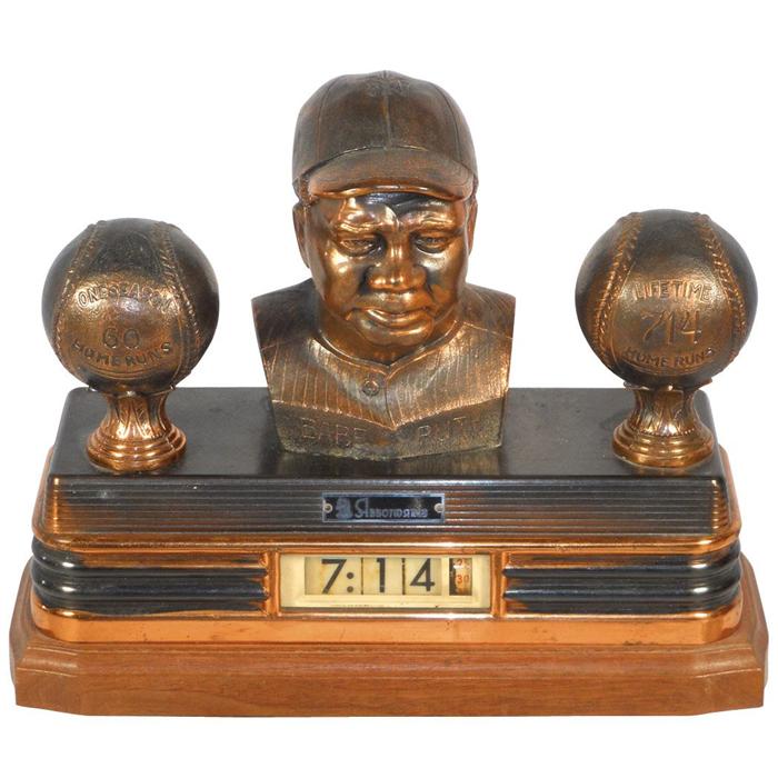 Babe Ruth clock, mfgd by Abbotwares, cast metal bust of Babe flanked by ...