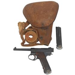 Pistol, Nambu, 8mm, 16.5 date, w/holster & removal papers, extra magazine, wood grips, 4.7" bbl.  A 