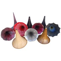 Phonograph horns (10), 2 are wood, 8 are metal, all Fair to Good cond.
