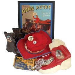 Gene Autry items, felt hat, pr of boots by Servus Rubber Co., spurs in orig box, M.A. Henry Co.-NY, 