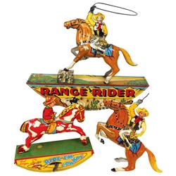 Cowboy toys (3), Range Rider, mfgd by Marx, Red Ranger Ride-Em Cowboy by Wyandotte & Lasso Cowboy, m
