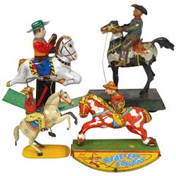 Toy cowboys on horses (4), Red Ranger Ride'em Cowboy by Wyandotte, 6.5"H x 6.5"W, early European cow
