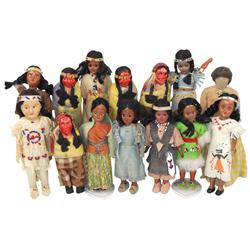 Indian dolls (14), includes several Skookums, all VG cond, 6.5" to 10"H.