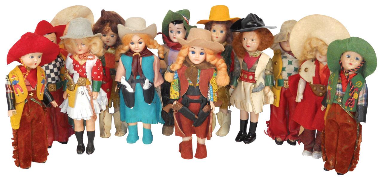 Cowboy & cowgirl dolls (25+), Marcie cowgirl in box, many in leather