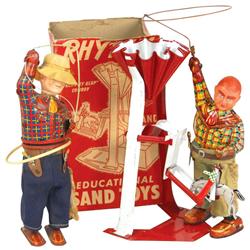 Cowboy toys (3), Rhythm Klippity Klop cowboy sand toy in box, VG cond, 9"H, Lasso cowboy windup, wor