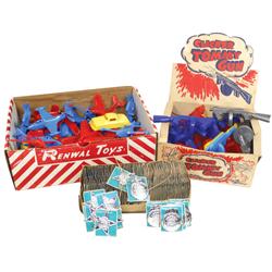 Toy guns & badges, box of NOS Clicker Tommy Guns in display box, Renwal No. 690 Toy Assortment in di