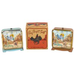 Roy Rogers alarm clocks (2), brown body version in orig box & pale blue body version, both mfgd by I