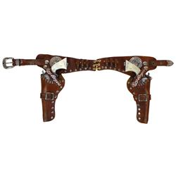 Roy Rogers cap gus & holster set, leather double holster w/RR rivets & metal RR conchos, complete w/