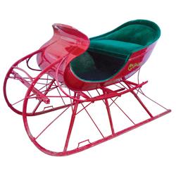 Cutter sleigh, 2-person, red w/decals, complete w/shafts, restored in green velvet upholstery, VG co