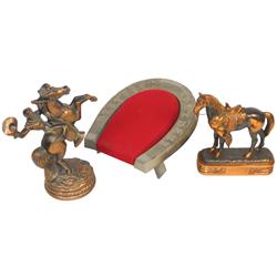Western decorative items (3), "Rest Your Feet Here" cast metal foot rest, 5"H x 9.5"W, Abbotwares ho